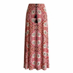 Pink Boho Medallion Maxi Skirt Tassel Waist Women's Size M